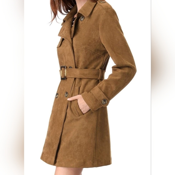 Allegra K Women Faux Suede Trench Coat Jacket with Belt Size XS - Picture 2 of 6
